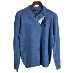 TAHARI Men's Knit Polo Sweater Blue‎ Wool Blend Ribbed Collared Button Size M